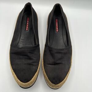 Prada Sport Slip On Loafers Black Jute Canvas Espadrilles Flat 39.5 US 9.5 Boho